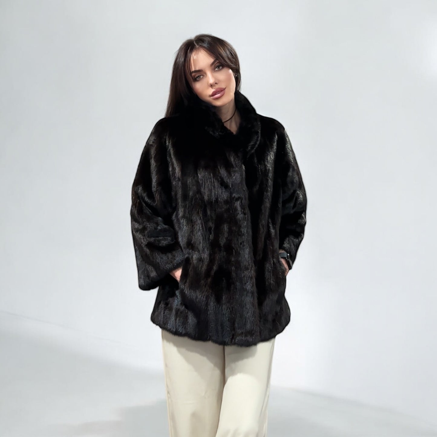 Luxury Womens Real Mink Fur jacket coat 1109778 BLACK genuine fur size L NEW