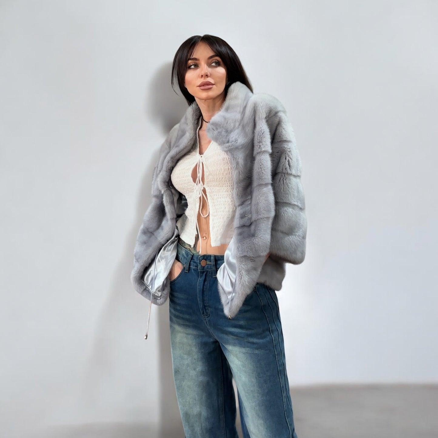 GENUINE MINK NEW REAL FUR coat Jacket  GREY color SUPER size S women 1201102