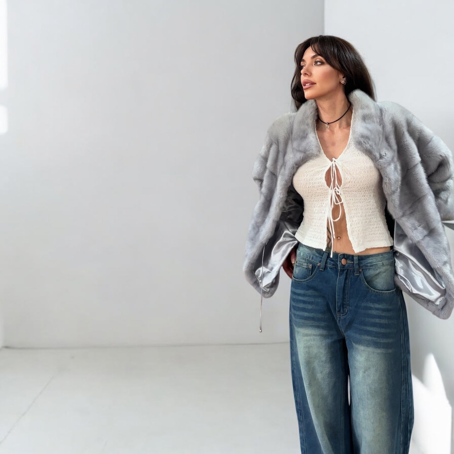 GENUINE MINK NEW REAL FUR coat Jacket  GREY color SUPER size S women 1201102