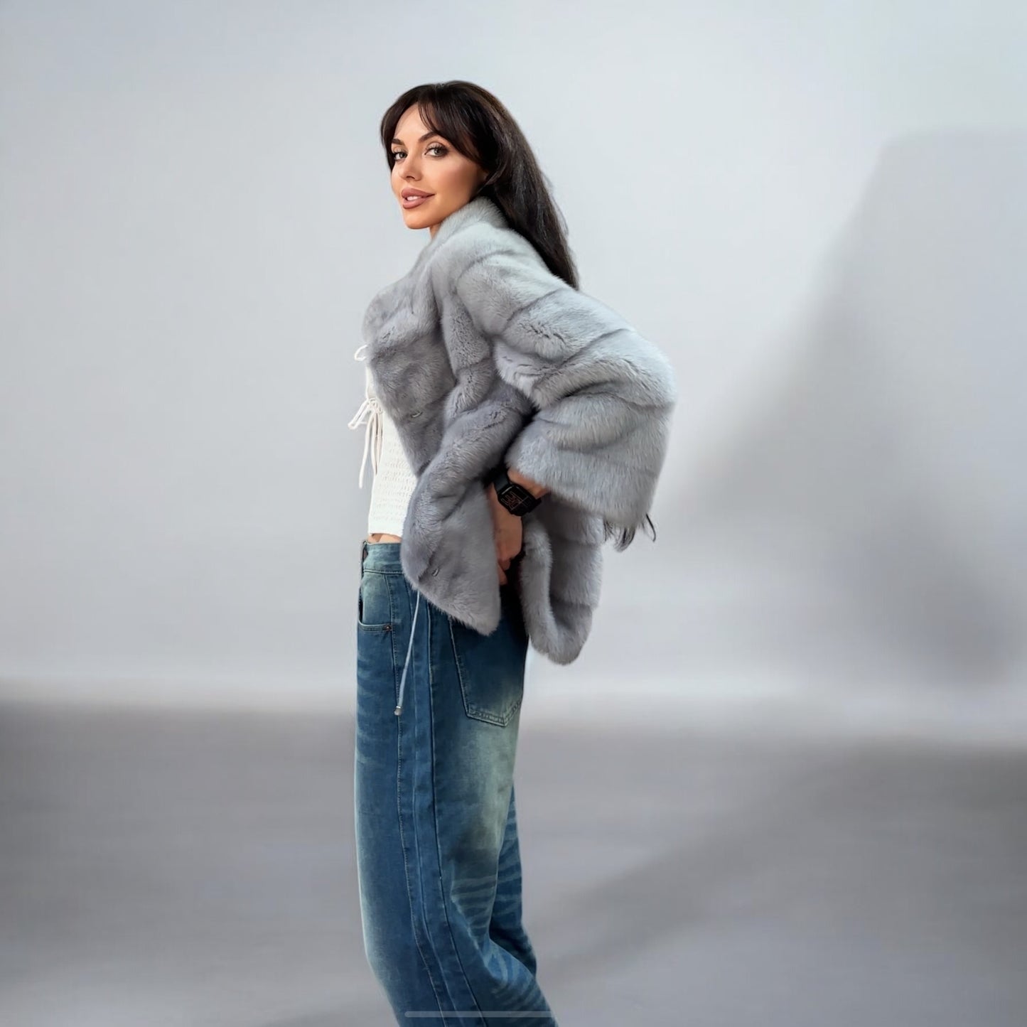 GENUINE MINK NEW REAL FUR coat Jacket  GREY color SUPER size S women 1201102