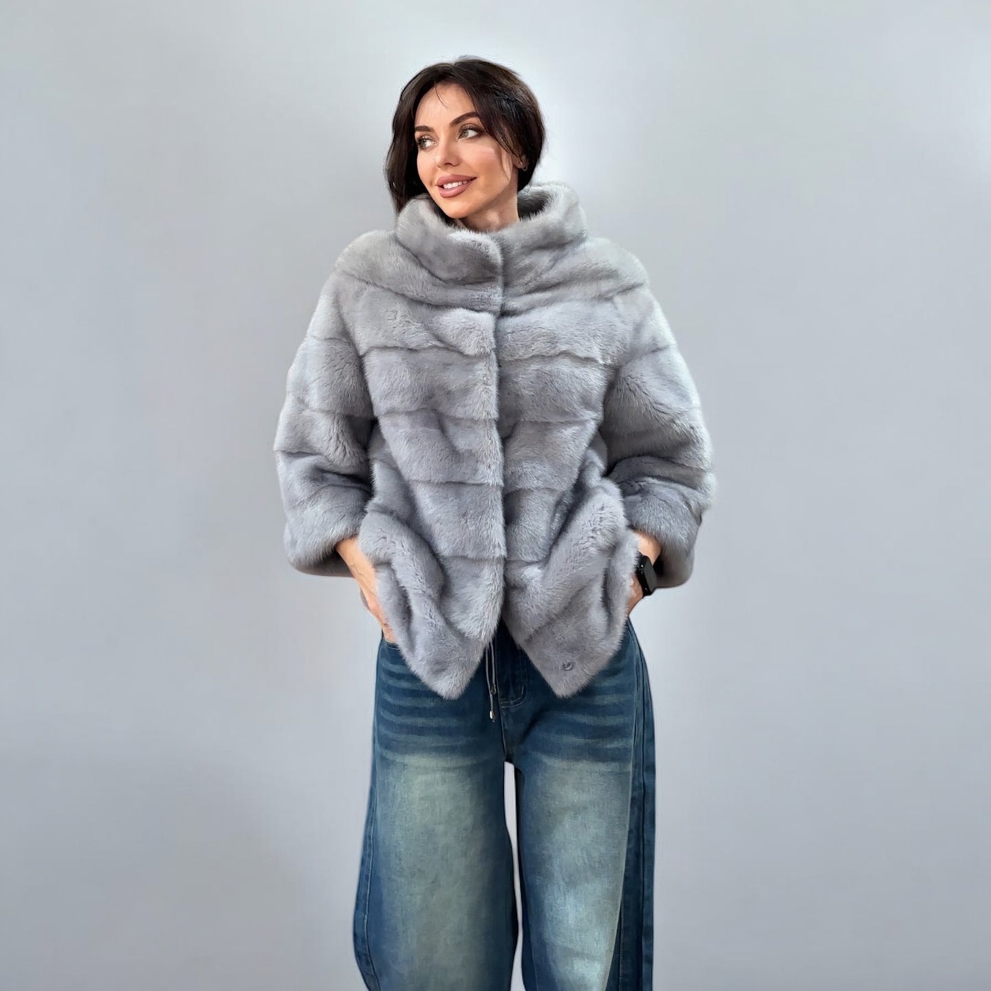 GENUINE MINK NEW REAL FUR coat Jacket  GREY color SUPER size S women 1201102