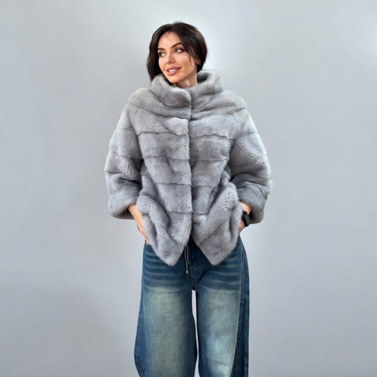 GENUINE MINK NEW REAL FUR coat Jacket  GREY color SUPER size S women 1201102