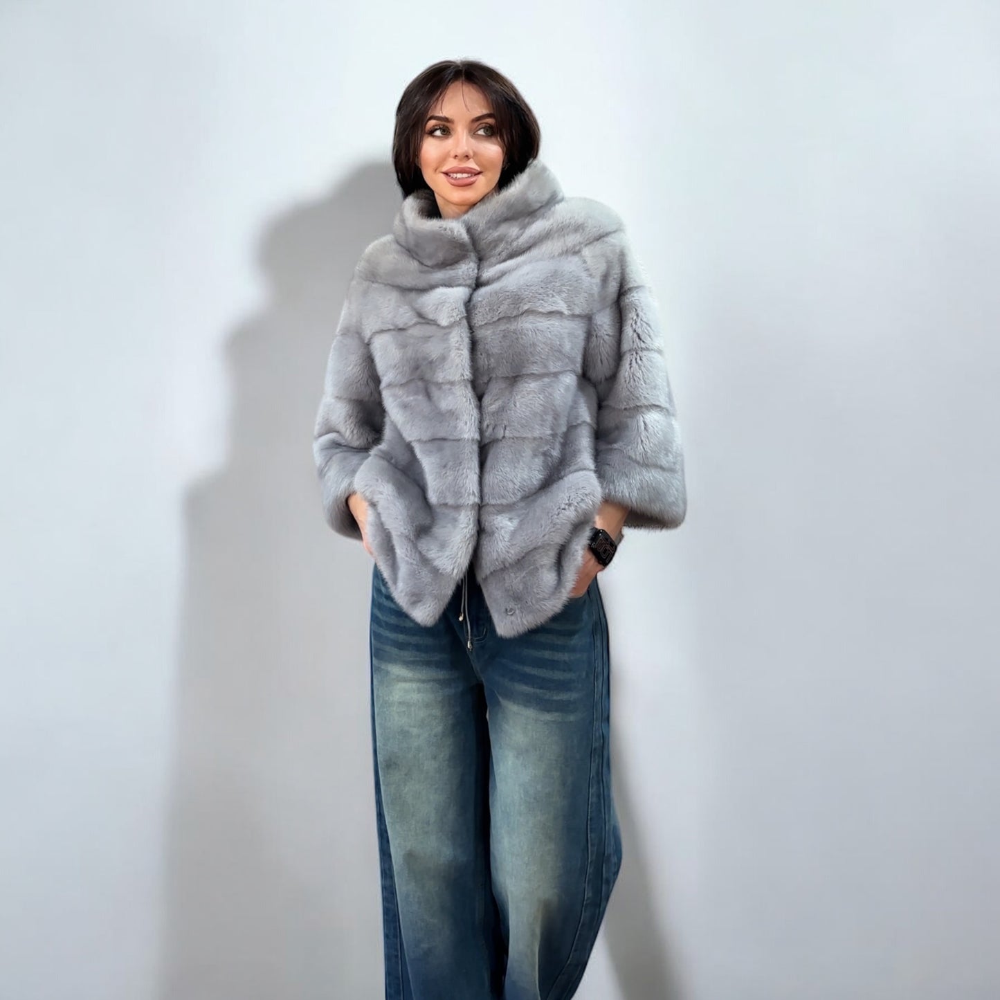 GENUINE MINK NEW REAL FUR coat Jacket  GREY color SUPER size S women 1201102