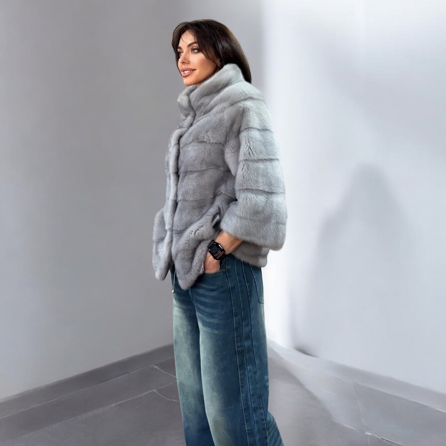 GENUINE MINK NEW REAL FUR coat Jacket  GREY color SUPER size S women 1201102