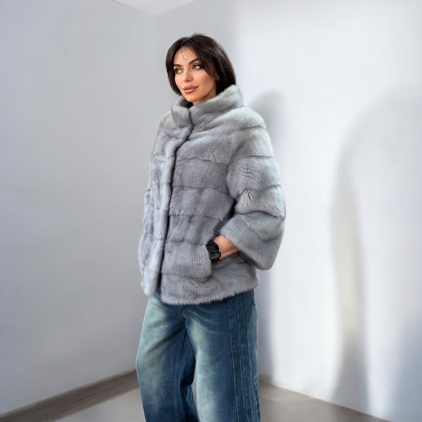 GENUINE MINK NEW REAL FUR coat Jacket  GREY color SUPER size S women 1201102