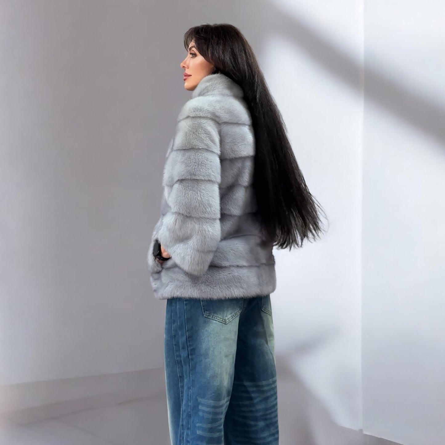 GENUINE MINK NEW REAL FUR coat Jacket  GREY color SUPER size S women 1201102