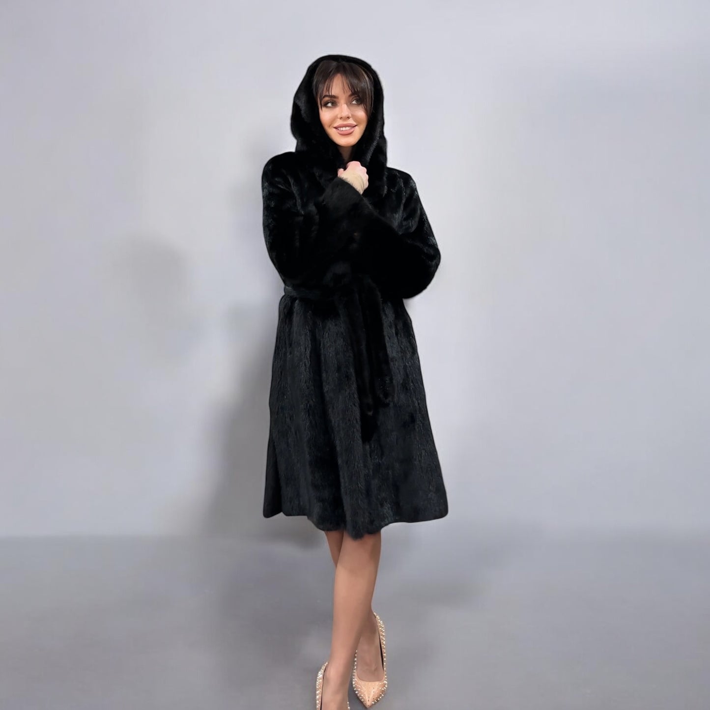 NEW REAL MINK FUR coat size M BELTED HOODED 1201100 long sleeve jacket BLACK