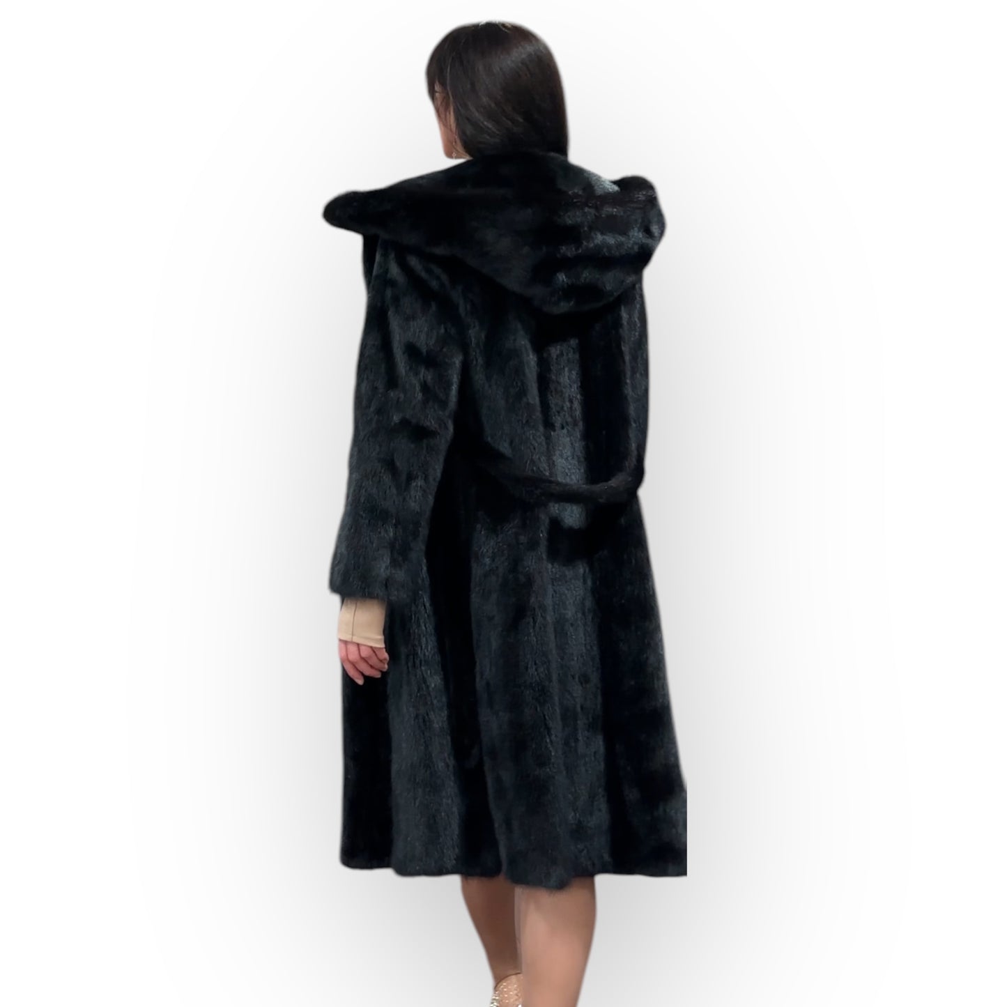 NEW REAL MINK FUR coat size M BELTED HOODED 1201100 long sleeve jacket BLACK