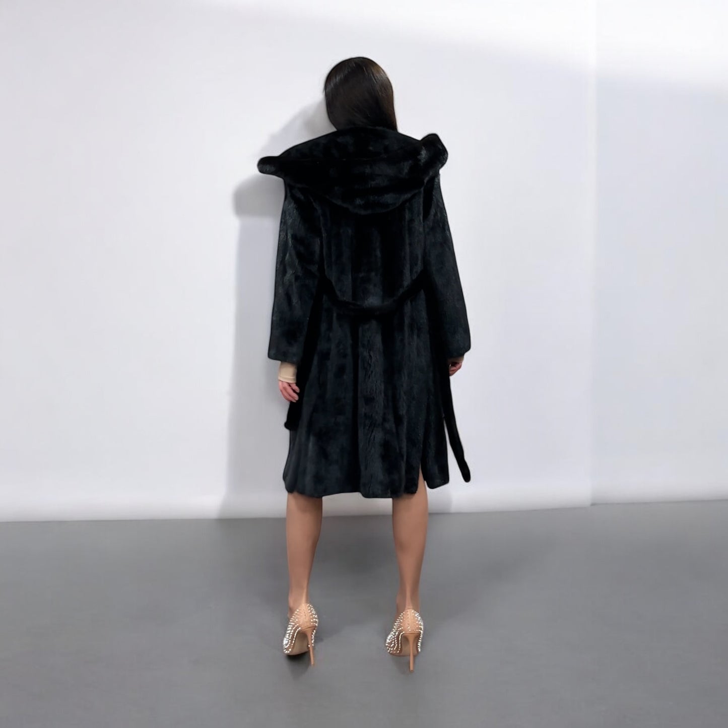 NEW REAL MINK FUR coat size M BELTED HOODED 1201100 long sleeve jacket BLACK