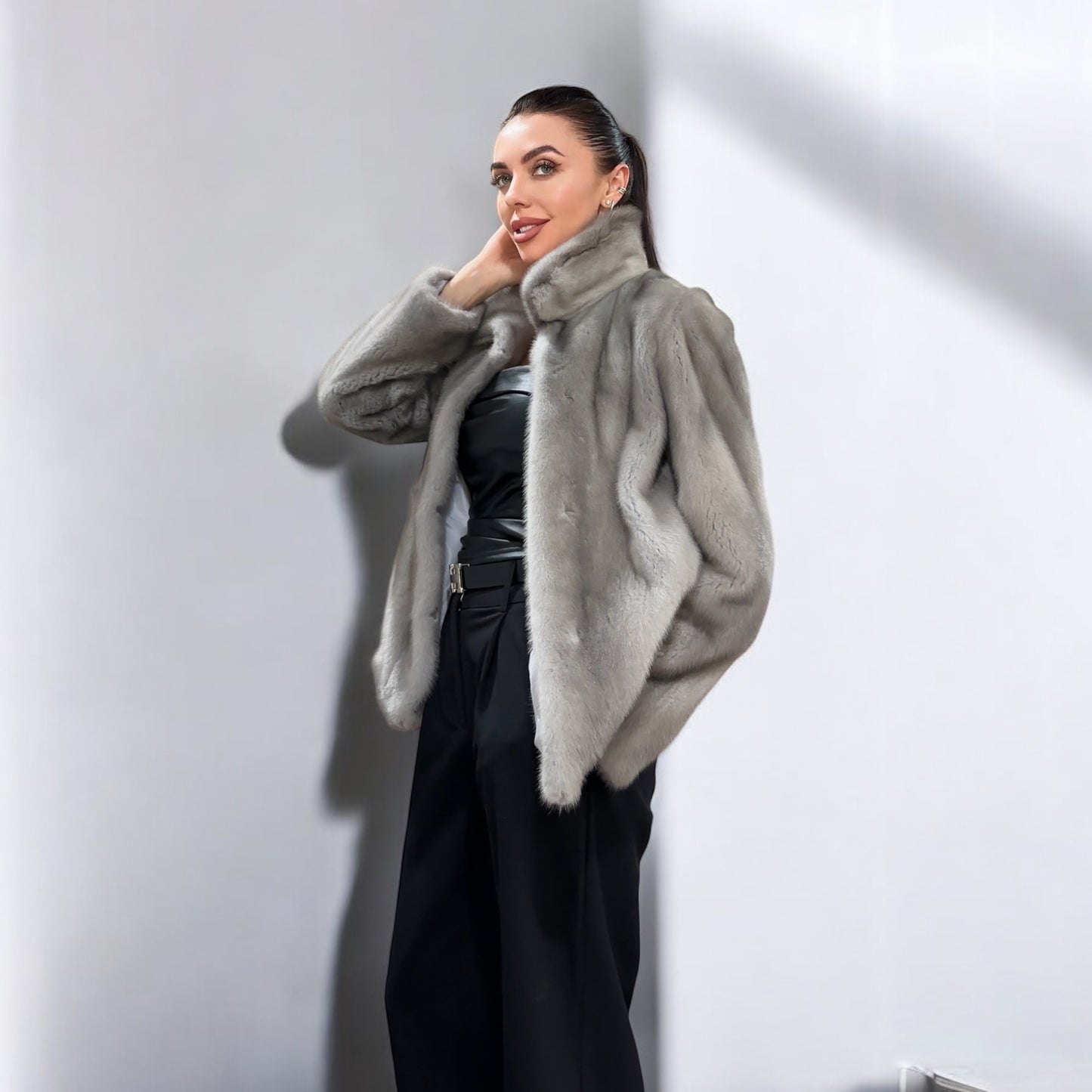 WOMEN New MINK FUR SHORT coat JACKET size M REAL FULL SKIN 1201120 GREY