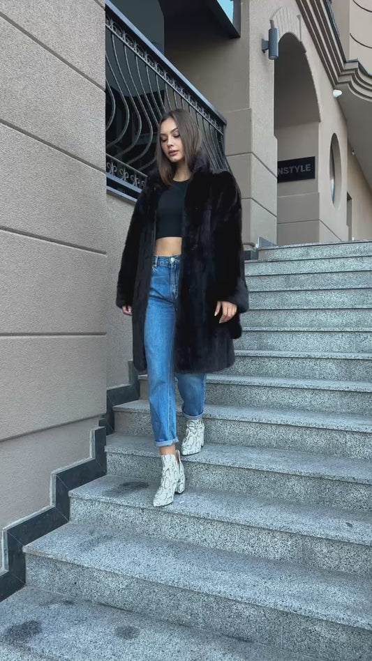 women real mink fur coat with belt dark brown BLACK color size M NEW!!! 1109793