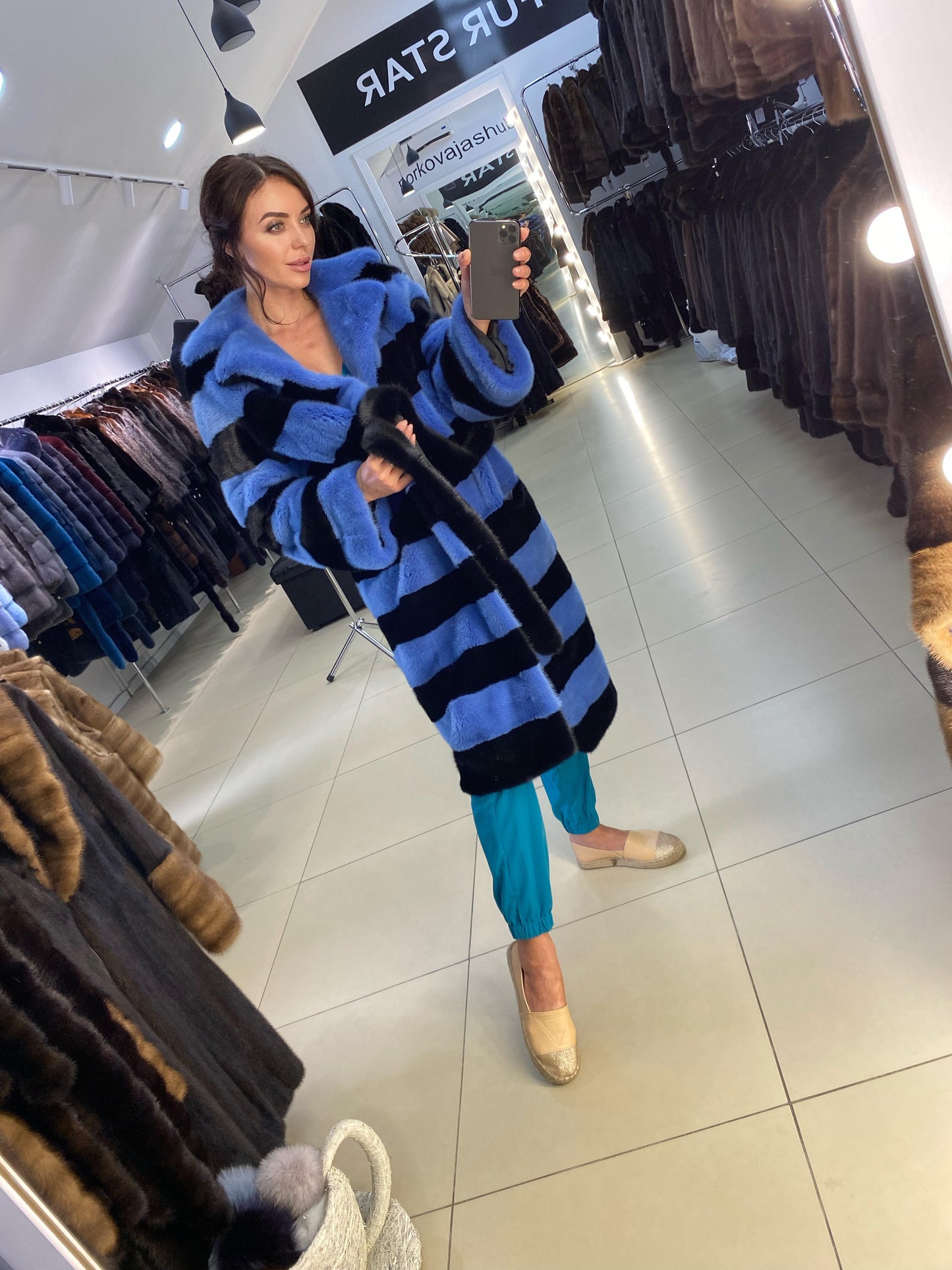 New Real MINK FUR Genuine Natural Coat Jacket BLUE Black SIZE L women 1109648